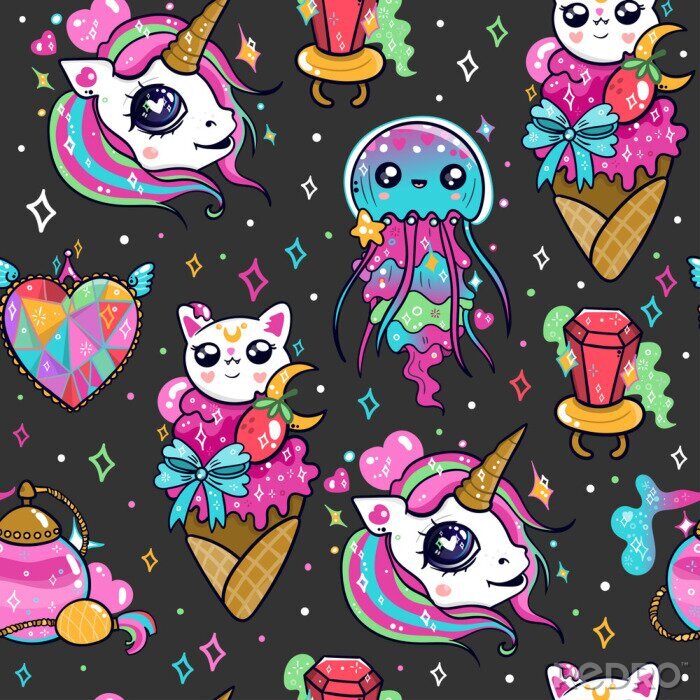 Sticker Various kawaii elements. Hand drawn colored vector seamless pattern. Black background