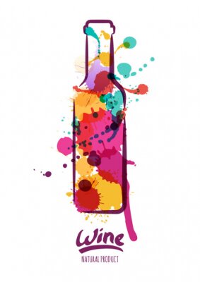Sticker Vector aquarel illustratie van kleurrijke fles wijn en met de hand getekende letters. Abstracte aquarel achtergrond. Ontwerp concept voor wijnetiket, wijn lijst, menu, partij affiche, alcohol drinken.