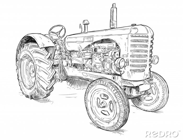 Sticker Vector artistieke pen en inkttekening van oude tractor. Trekker werd gemaakt in Schotland, Verenigd Koninkrijk tussen 1954 - 1958 of 50's.