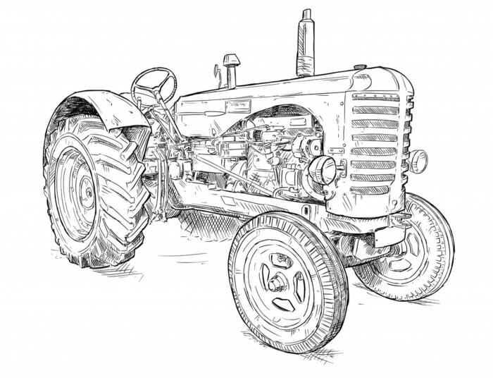 Sticker Vector artistieke pen en inkttekening van oude tractor. Trekker werd gemaakt in Schotland, Verenigd Koninkrijk tussen 1954 - 1958 of 50's.