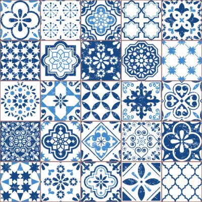 Behang Vector Azulejo-tegelpatroon, Portugees of Spaans retro oud tegelsmozaïek, Mediterraan naadloos marineblauw ontwerp