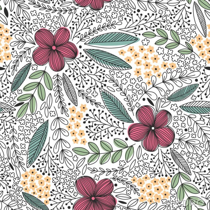 Sticker Vector bloemmotief in doodle stijl met bloemen en bladeren.