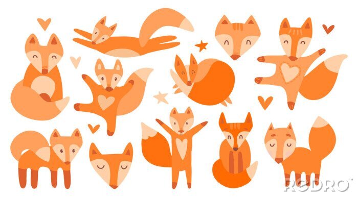 Sticker Vector collection of 11 illustrations with cute chanterelles. Red beautiful foxes on a white isolated background. The fox sleeps, sits, runs, hugs, jumps, the muzzle of a kind wild beast.