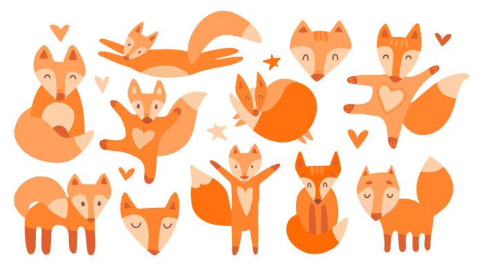 Sticker Vector collection of 11 illustrations with cute chanterelles. Red beautiful foxes on a white isolated background. The fox sleeps, sits, runs, hugs, jumps, the muzzle of a kind wild beast.