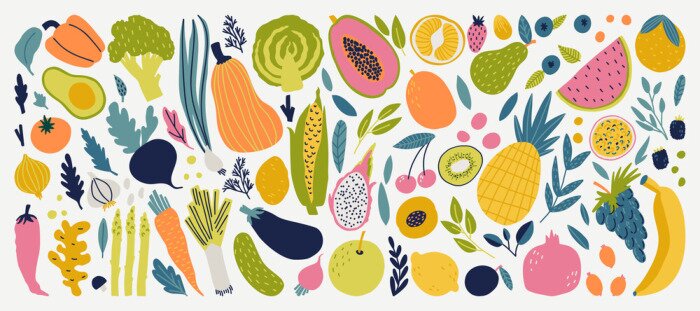 Sticker Vector colorful food set for your design. Cute doodle illustration with vegetables and fruits isolated on white background. 