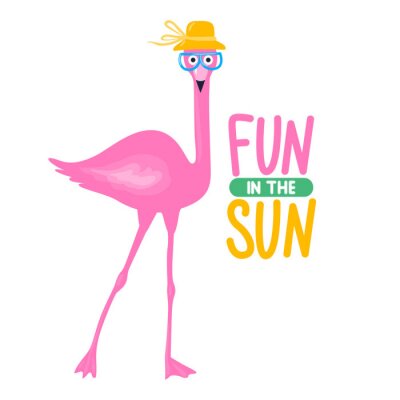 Sticker Vector de zomerkaart met grappige roze flamingo. Trendy illustratie