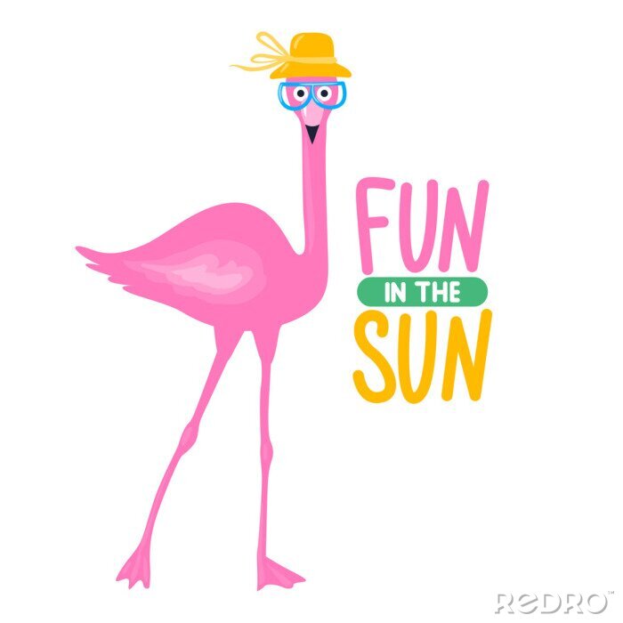 Sticker Vector de zomerkaart met grappige roze flamingo. Trendy illustratie