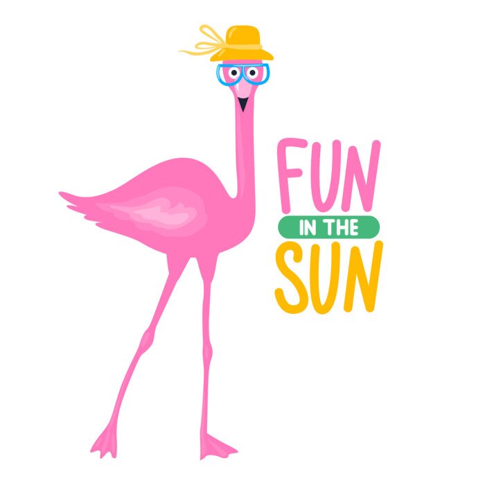 Sticker Vector de zomerkaart met grappige roze flamingo. Trendy illustratie