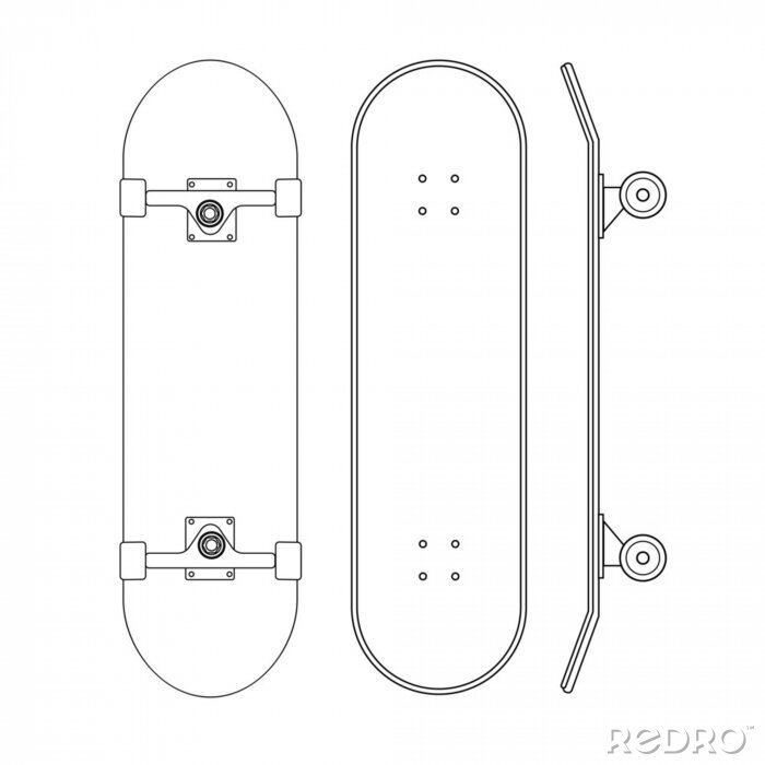 Sticker Vector flat cartoon line set of skateboard different sides isolated on white background 