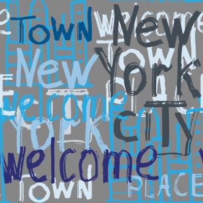 Sticker Vector graffiti seamless pattern with doodle building and words welcome, New York, city, town, place. Fashion hand drawing texture,  street art retro style for t-shirt, textile, wrapping paper.