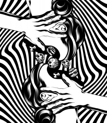 Sticker Vector hand drawn illustration of girls with planets . Creative  artwork. Template for card, poster. banner, print for t-shirt, pin, badge, patch.