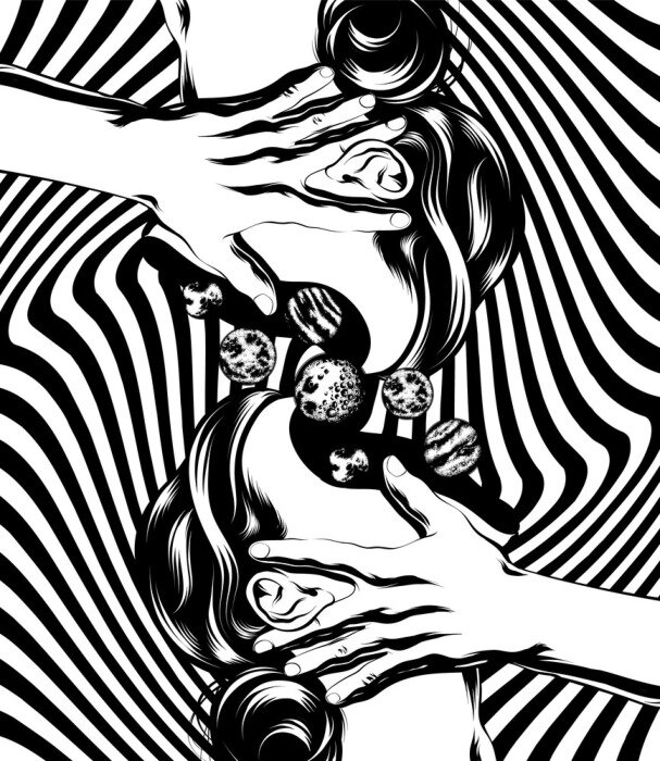 Sticker Vector hand drawn illustration of girls with planets . Creative  artwork. Template for card, poster. banner, print for t-shirt, pin, badge, patch.