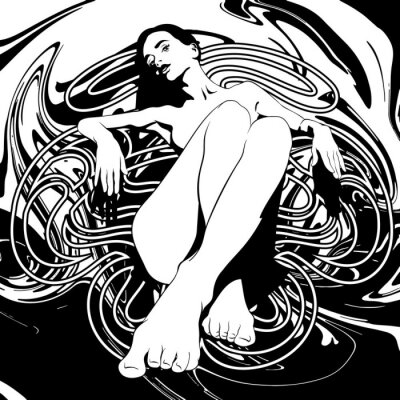 Sticker Vector hand drawn illustration of pretty girl with liquid texture and frame .