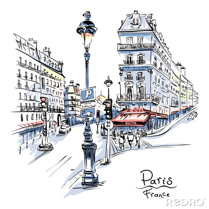Sticker Vector hand tekenen. De straat van Parijs met traditionele huizen en lantaarns, Parijs, Frankrijk.