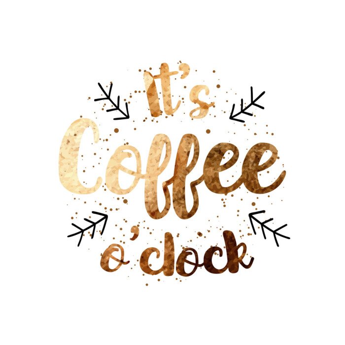 Sticker Vector "Het is koffie 's avonds" citaat etiket ontwerp met hand getekende aquarel textuur voor posters, wenskaarten, menu's, stickers en andere