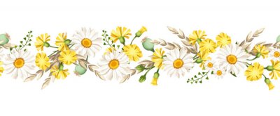 Sticker Vector horizontal seamless border with white daisies and yellow wild flowers and ears of wheat. 