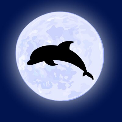 Sticker vector illusration van het springen dolfijn op nachthemel met volle maan op de achtergrond