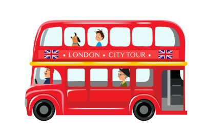 Sticker Vector illustratie geïsoleerd op een witte achtergrond. Engelse rode dubbeldekker bus zijaanzicht vlakke stijl. Element infographic, website, pictogram, ansichtkaarten, plaats voor tekst. Leuke en gra