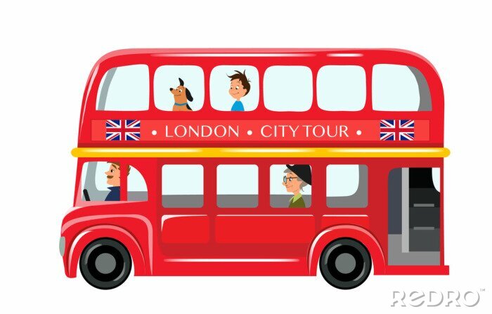 Sticker Vector illustratie geïsoleerd op een witte achtergrond. Engelse rode dubbeldekker bus zijaanzicht vlakke stijl. Element infographic, website, pictogram, ansichtkaarten, plaats voor tekst. Leuke en gra