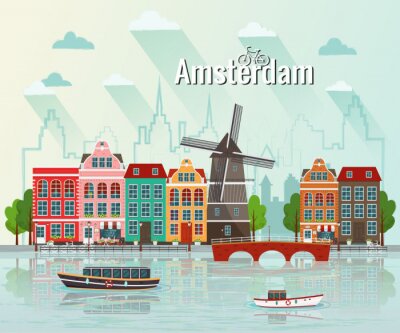 Sticker Vector illustratie van Amsterdam. Oude europese stad.