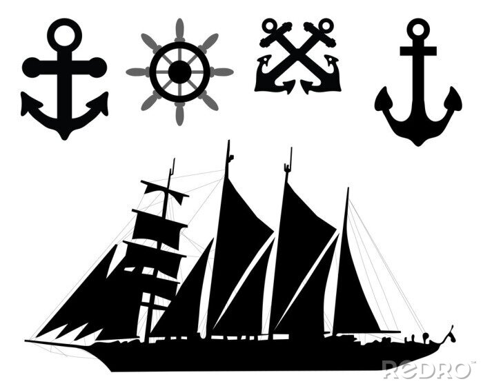 Sticker Vector illustratie van de ankers, roeren en zeilboot