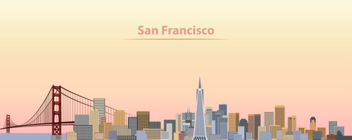 Sticker vector illustratie van de skyline van San Francisco bij zonsopgang