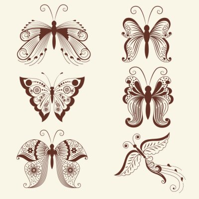 Sticker Vector illustratie van de vlinders in mehndi ornament. Traditionele Indische stijl, decoratieve bloemen elementen voor henna tattoo, stickers, mehndi en yoga ontwerp, kaarten en prenten.