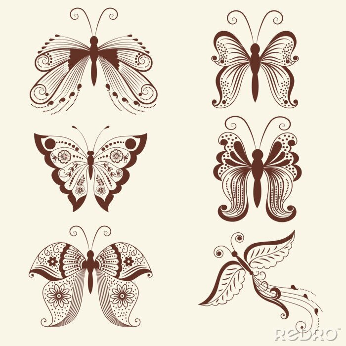 Sticker Vector illustratie van de vlinders in mehndi ornament. Traditionele Indische stijl, decoratieve bloemen elementen voor henna tattoo, stickers, mehndi en yoga ontwerp, kaarten en prenten.
