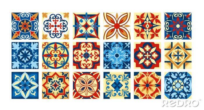 Sticker Vector illustratie Verzameling van keramische tegels in retro kleuren. Een set vierkante patronen in etnische stijl. Vector illustratie.