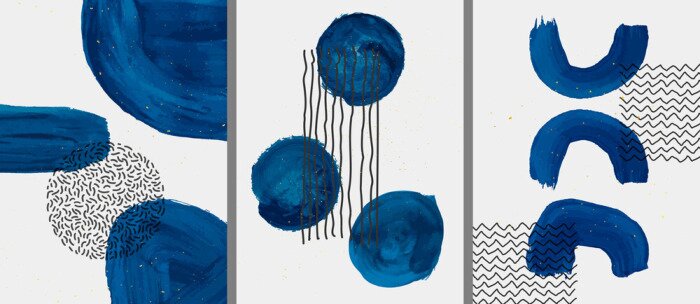 Sticker Vector illustration. Abstract contemporary aesthetic backgrounds. Design for poster, postcard, invitation card, flyer, brochure cover. Room wall decor. Blue watercolor paints with golden splash dots