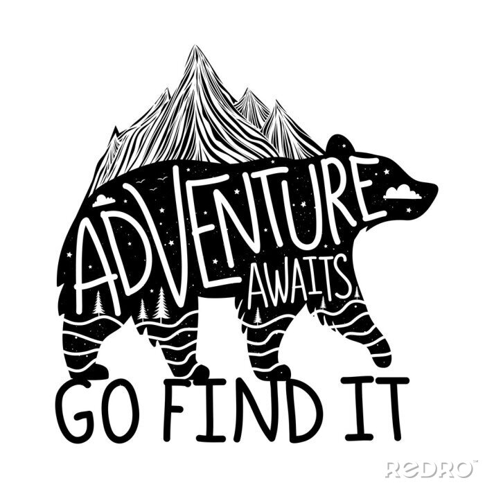 Sticker Vector illustration with bear silhouette and lettering text - Adventure awaits, Go find it.