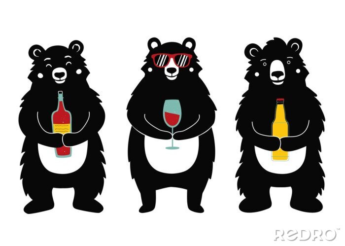 Sticker Vector illustration with bears holding drinks - wine bottle, red wine glass and beer.