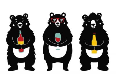 Sticker Vector illustration with bears holding drinks - wine bottle, red wine glass and beer.