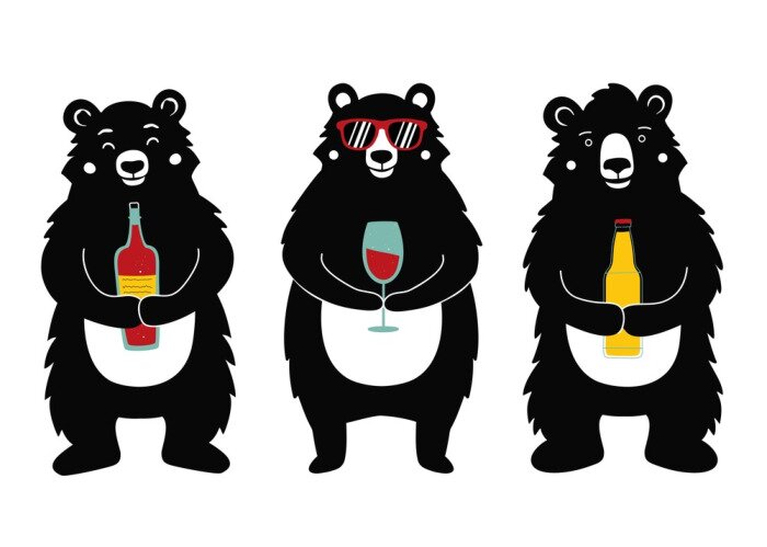 Sticker Vector illustration with bears holding drinks - wine bottle, red wine glass and beer.