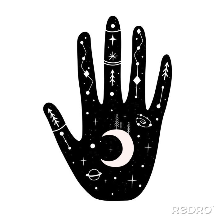 Sticker Vector illustration with human hand, crescent, pine trees, saturn, stars.