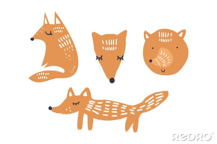 Sticker Vector illustrations of cute foxes, woodland nursery animals collection