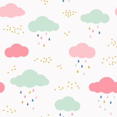 Vector kids patroon met wolken, regen druppels en punten. Leuke scandinavische naadloze achtergrond in mint, roze, geel en grijs.