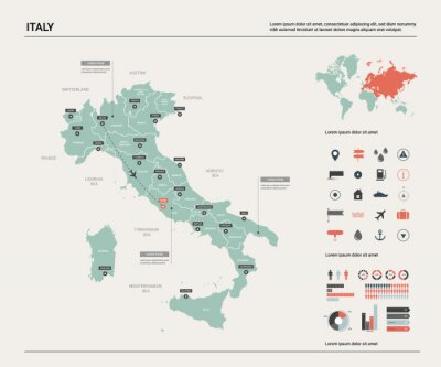 Sticker Vector map of Italy. High detailed country map with division, cities and capital Rome. Political map,  world map, infographic elements.