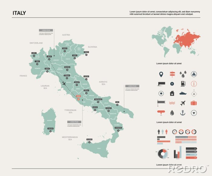 Sticker Vector map of Italy. High detailed country map with division, cities and capital Rome. Political map,  world map, infographic elements.