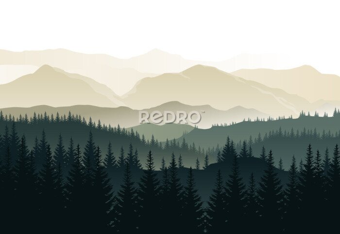 Sticker Vector mooi ochtendlandschap met nevelige groene bossen en bergen