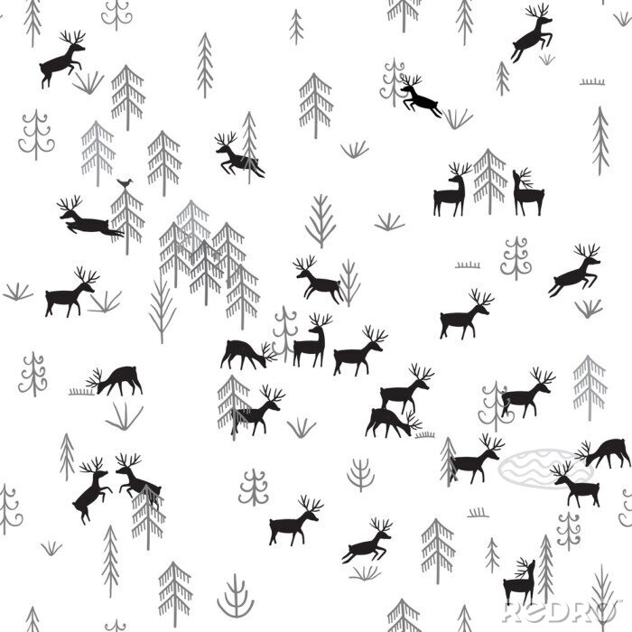 Sticker Vector naadloos patroon met wilde bos leven en herten