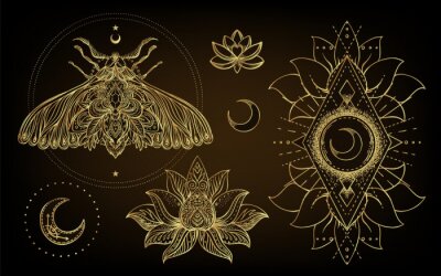 Sticker Vector ornamental Lotus flower, ethnic art, patterned Indian paisley. Hand drawn illustration isolated. Invitation. Golden stickers, flash temporary tattoo, mehndi symbol. Gold gradient over black.