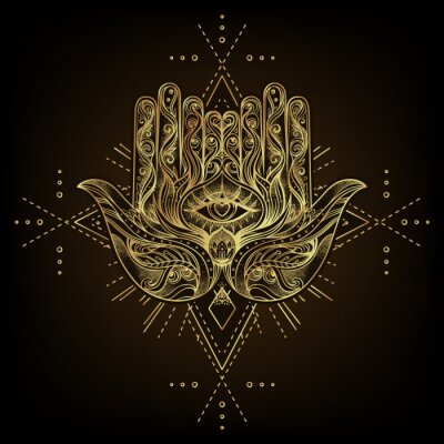 Sticker Vector ornamental Lotus flower, ethnic art, patterned Indian paisley. Hand drawn illustration isolated. Invitation. Golden stickers, flash temporary tattoo, mehndi symbol. Gold gradient over black.