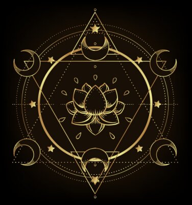 Sticker Vector ornamental Lotus flower, ethnic art, patterned Indian paisley. Hand drawn illustration isolated. Invitation. Golden stickers, flash temporary tattoo, mehndi symbol. Gold gradient over black.