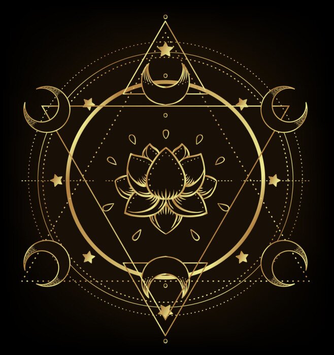 Sticker Vector ornamental Lotus flower, ethnic art, patterned Indian paisley. Hand drawn illustration isolated. Invitation. Golden stickers, flash temporary tattoo, mehndi symbol. Gold gradient over black.