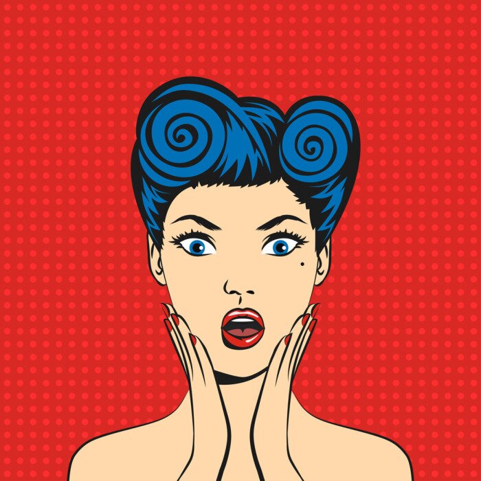 Sticker Vector pop art verrast vrouw gezicht met open mond