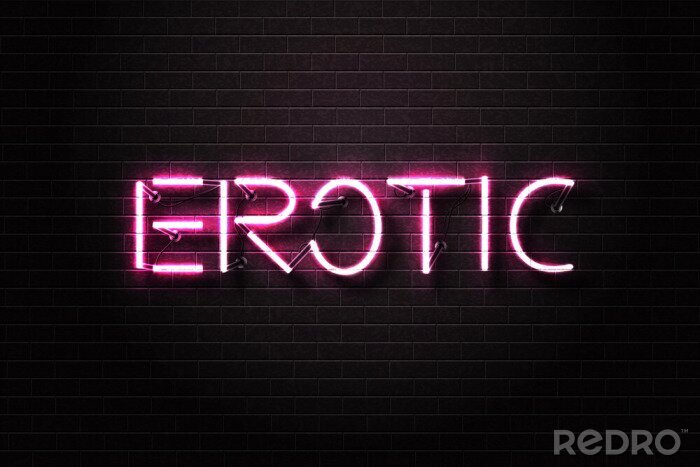 Sticker Vector realistische geïsoleerde neon teken van roze Erotische tekst voor decoratie en bedekking op de muur achtergrond. Concept van erotische show en nachtclub.