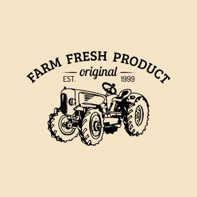Sticker Vector retro boerderij logotype.Organic hoogwaardige producten vers logo.Eco sign.Vintage de hand eten geschetst tractor icoon.