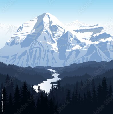 Sticker vector 's ochtends in de prachtige bergen rivier