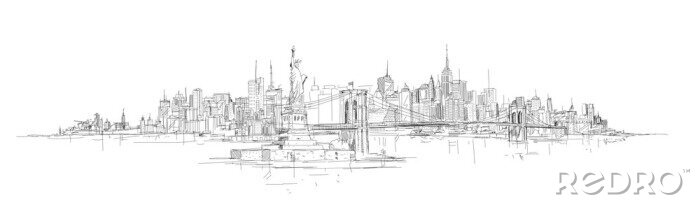 Sticker vector schets hand tekening panoramisch new york stadssilhouet